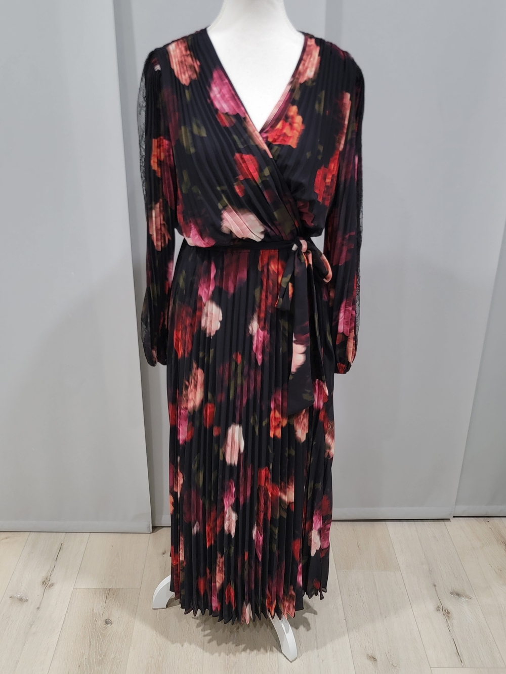 Joseph Ribkoff Black Floral Pleated Wrap Maxi Dress